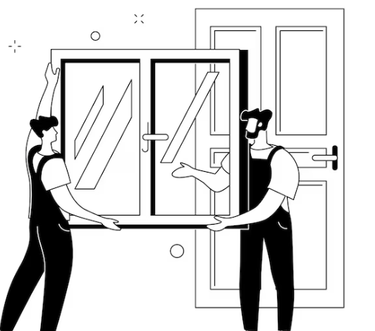 two tradesmen carrying window graphic vector